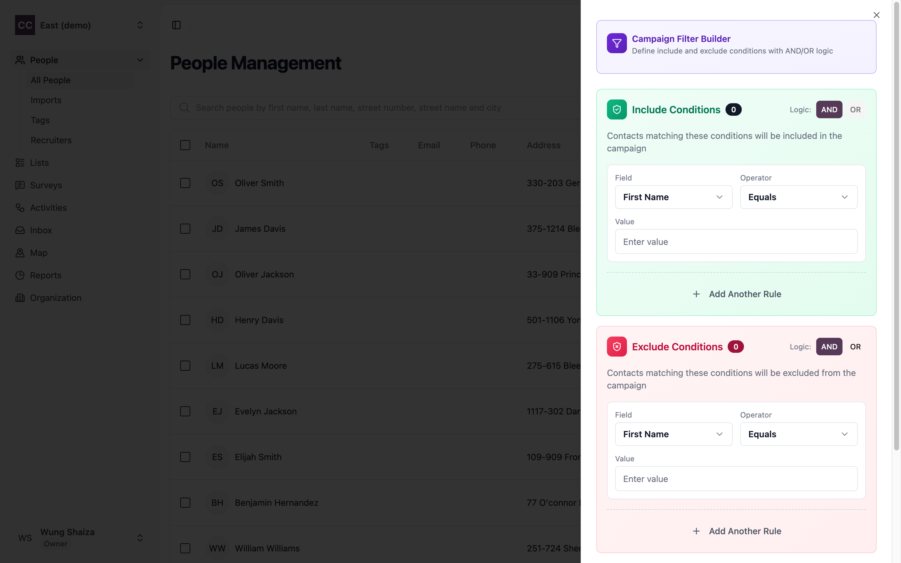 The Campaign Filter Builder on the People page, with include and exclude conditions joined by AND/OR logic