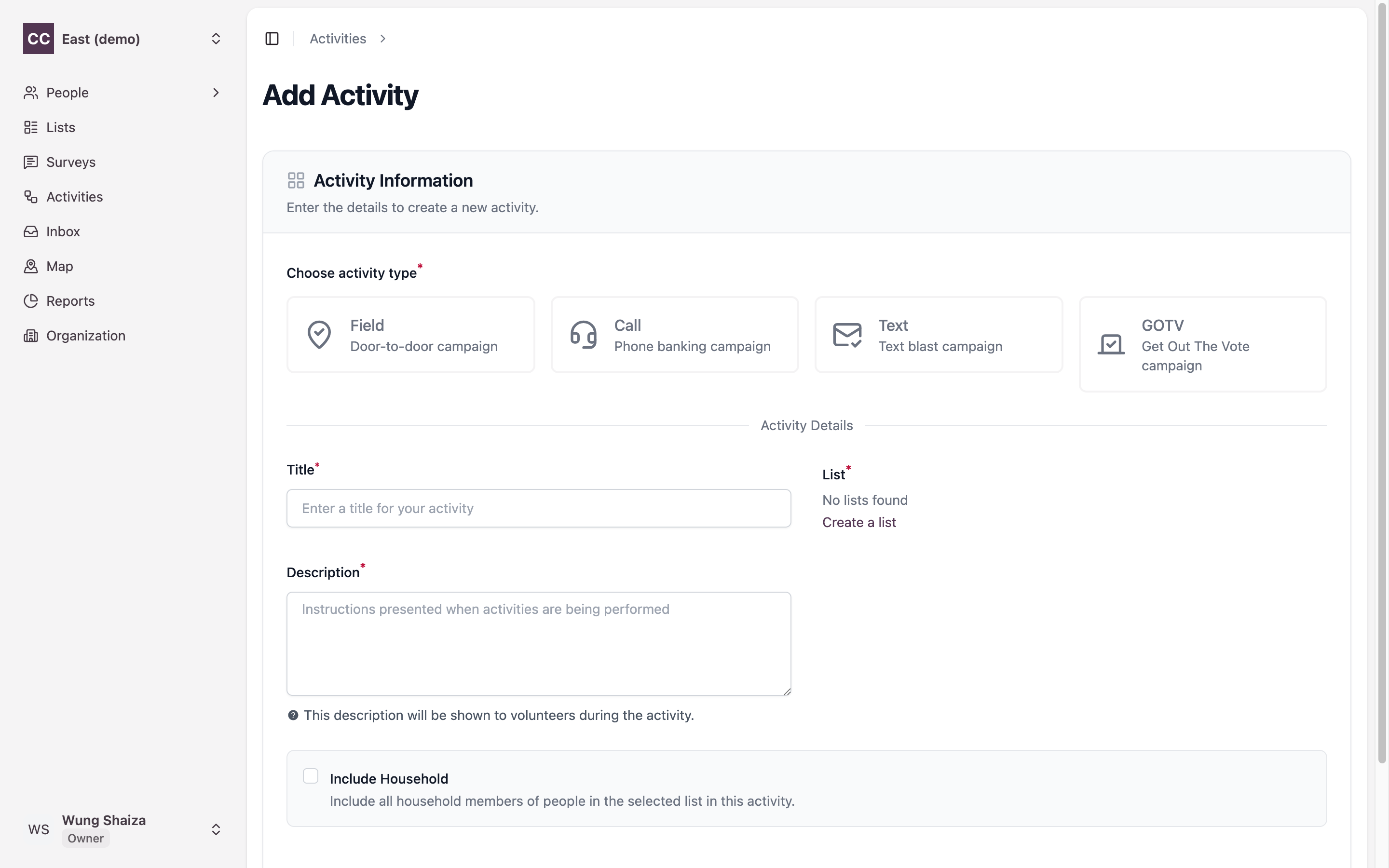 The Add Activity page with activity types