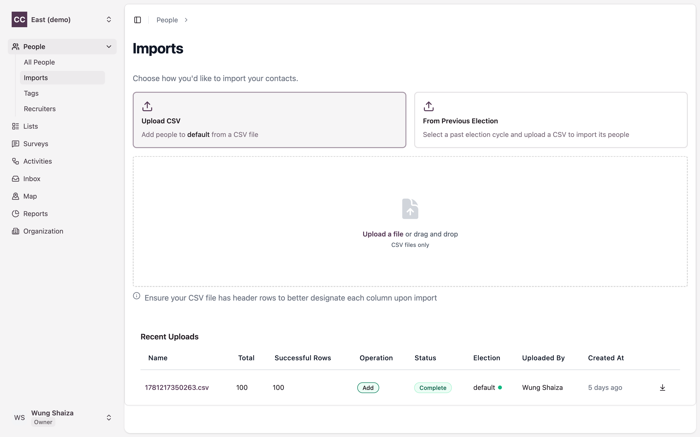 The CSV upload drop zone with the header-row hint