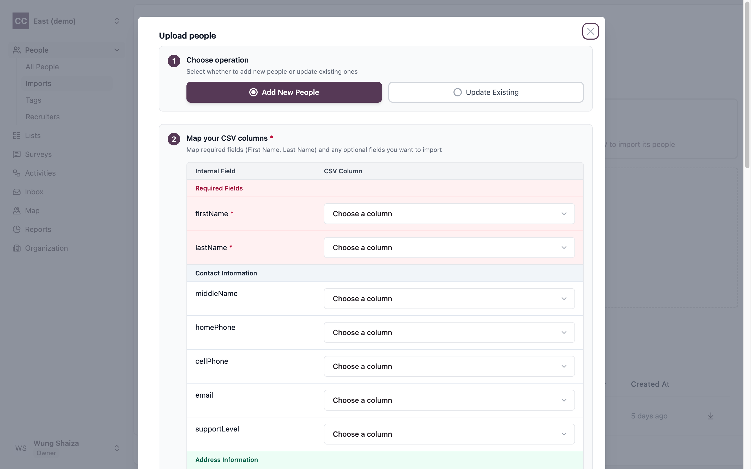 The Upload people dialog showing the operation choice and the start of the field mapping