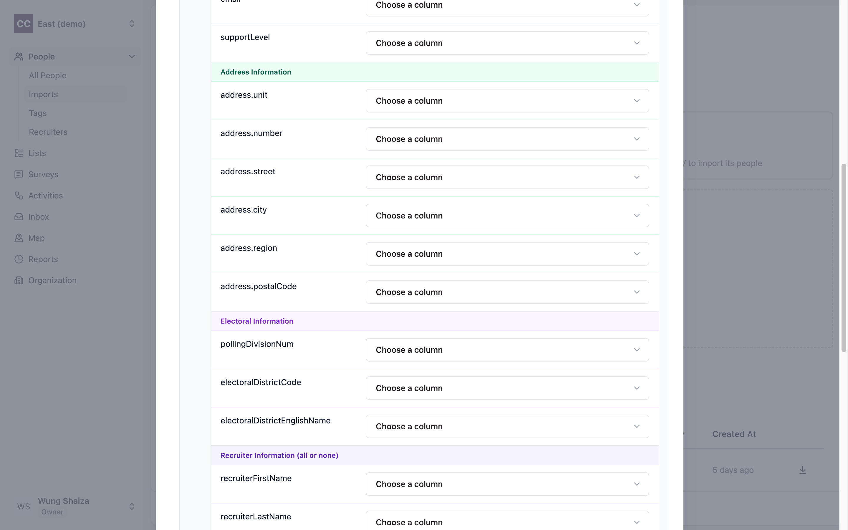 The mapping table’s grouped sections — Address, Electoral, and Recruiter information