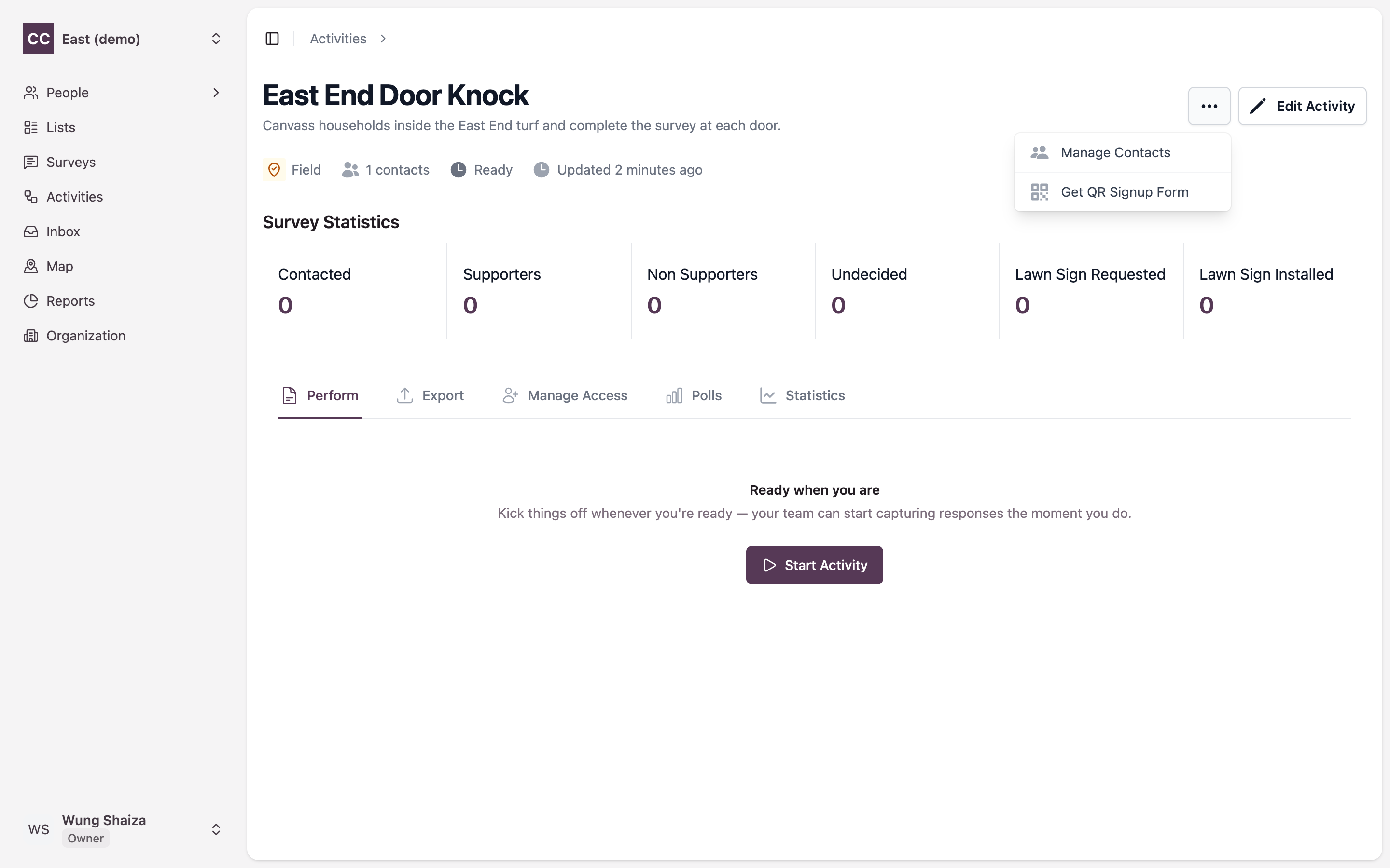 The activity menu open, showing the Get QR Signup Form option
