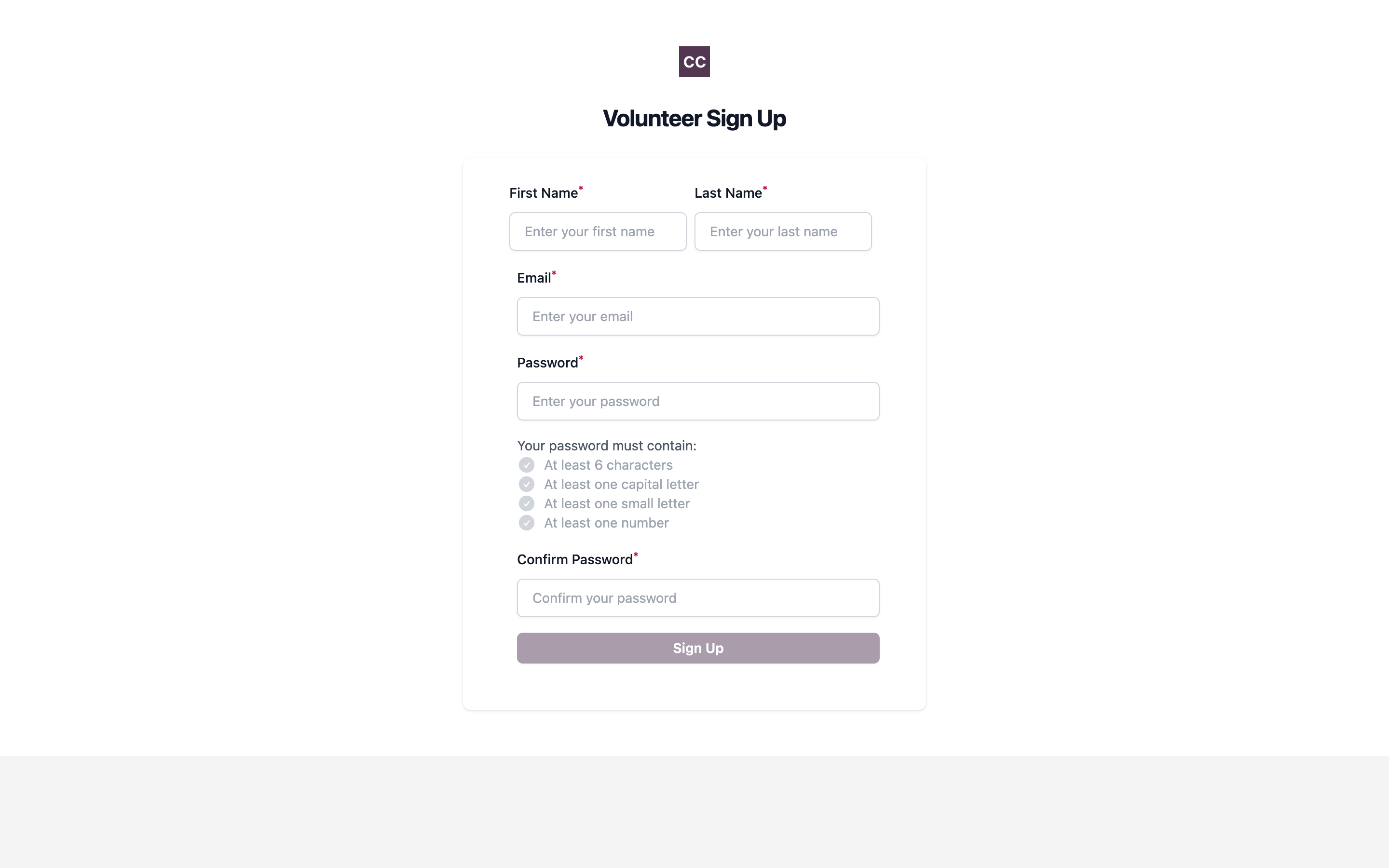 The public Volunteer Sign Up form