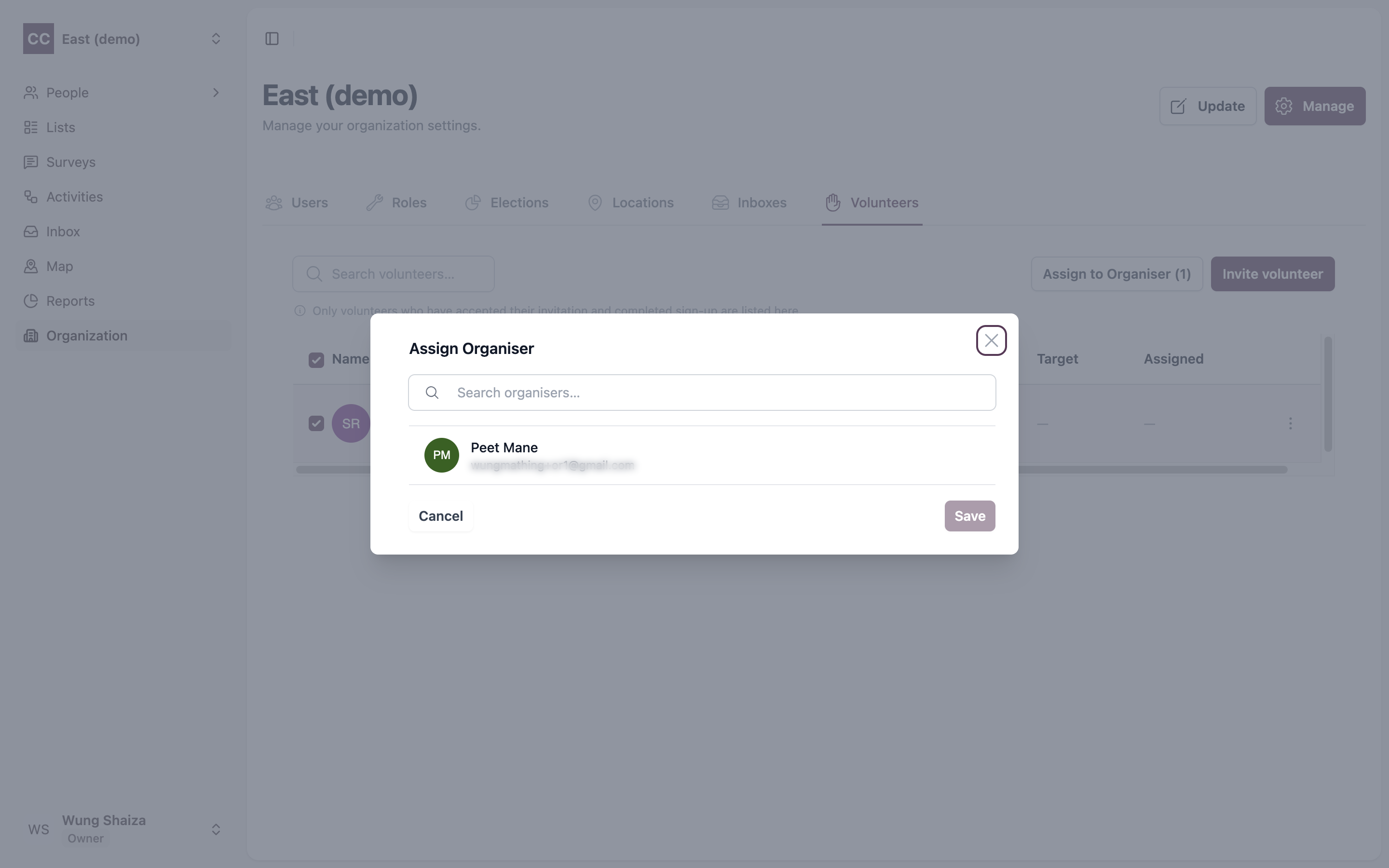 The Assign Organiser dialog